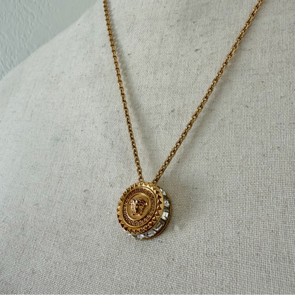 Authentic Gold Tone Versace Medusa Greca Crystal Medallion Necklace